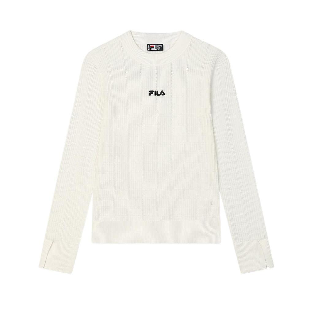 Fila Heritage Series Comfortable Skin-Friendly Soft Round Neck Long Sleeve Knit Sweater Women Tops Cloud-Mushroom-White F11W518405F-WT