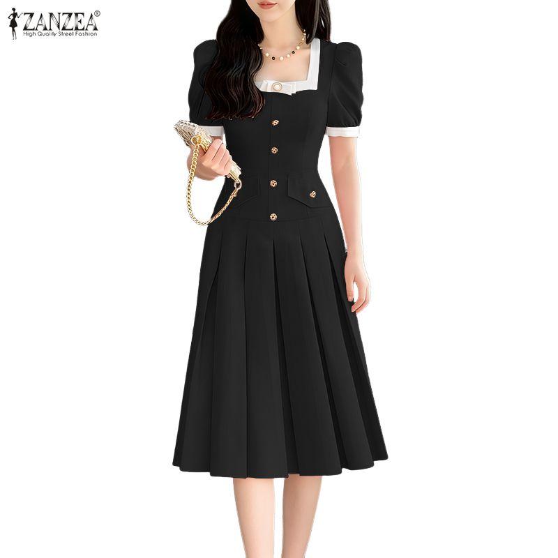 ZANZEA Damen Quadratkragen Lässig Kurzarm Elegantes Kleid