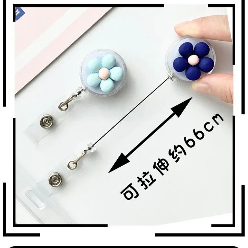 Women Cute Flower Retractable Badge Reel ID Lanyard Name Tag White Collar Badge Holder Reels Keychain Card Holder Accessories