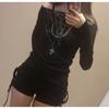 Japanese Y2k Knitted Tops Grunge Tattoo Print Long Sleeve T-shirt Ribbed Vintage Harajuku Shirring Knitwear 2000s Gothic