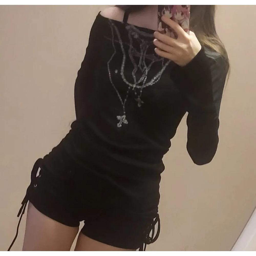 Japanese Y2k Knitted Tops Grunge Tattoo Print Long Sleeve T-shirt Ribbed Vintage Harajuku Shirring Knitwear 2000s Gothic