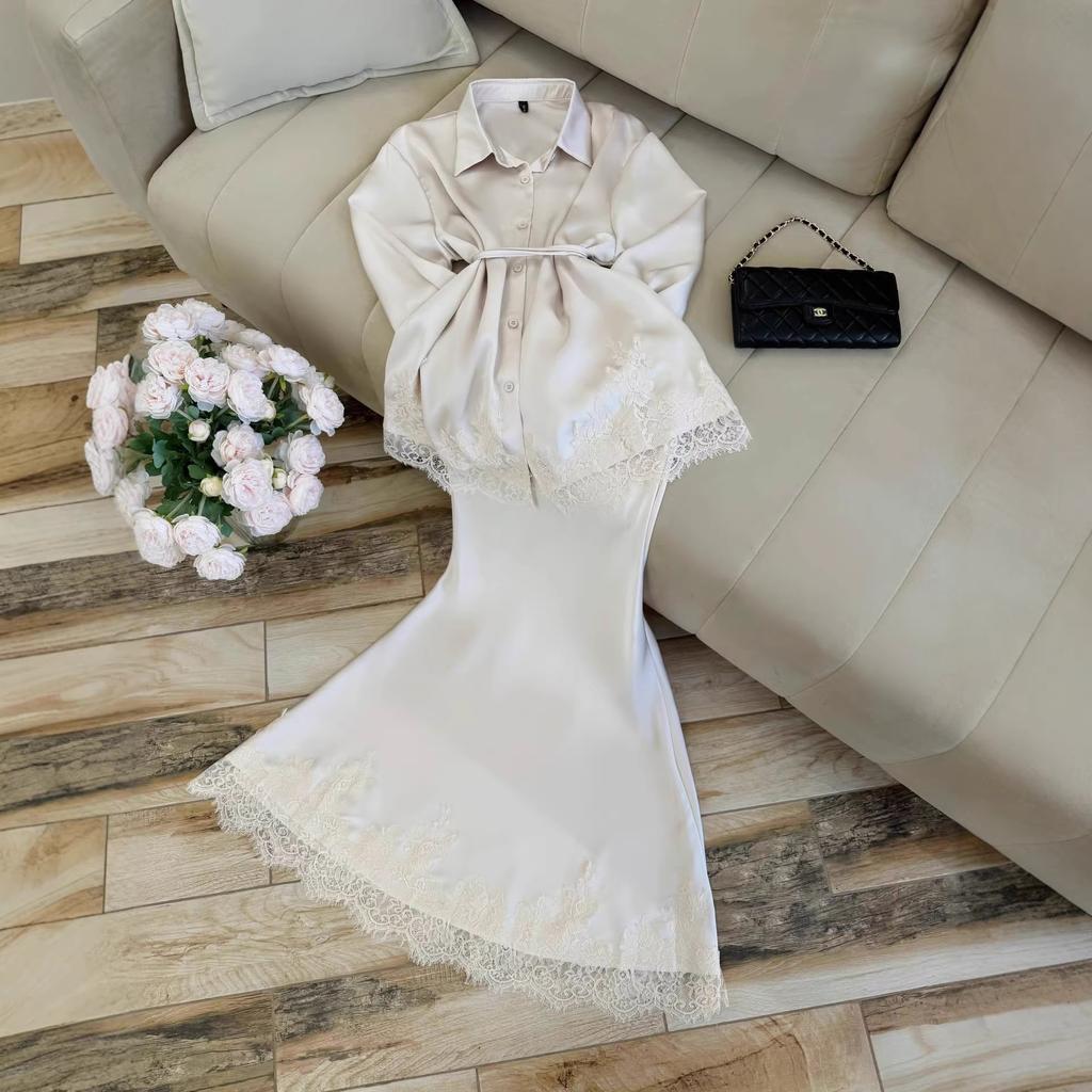 Women's 2026 Spring New Dress Set: Elegant Lace Patchwork Tie-Up Long-Sleeve Shirt and Skirt Two-Piece Set