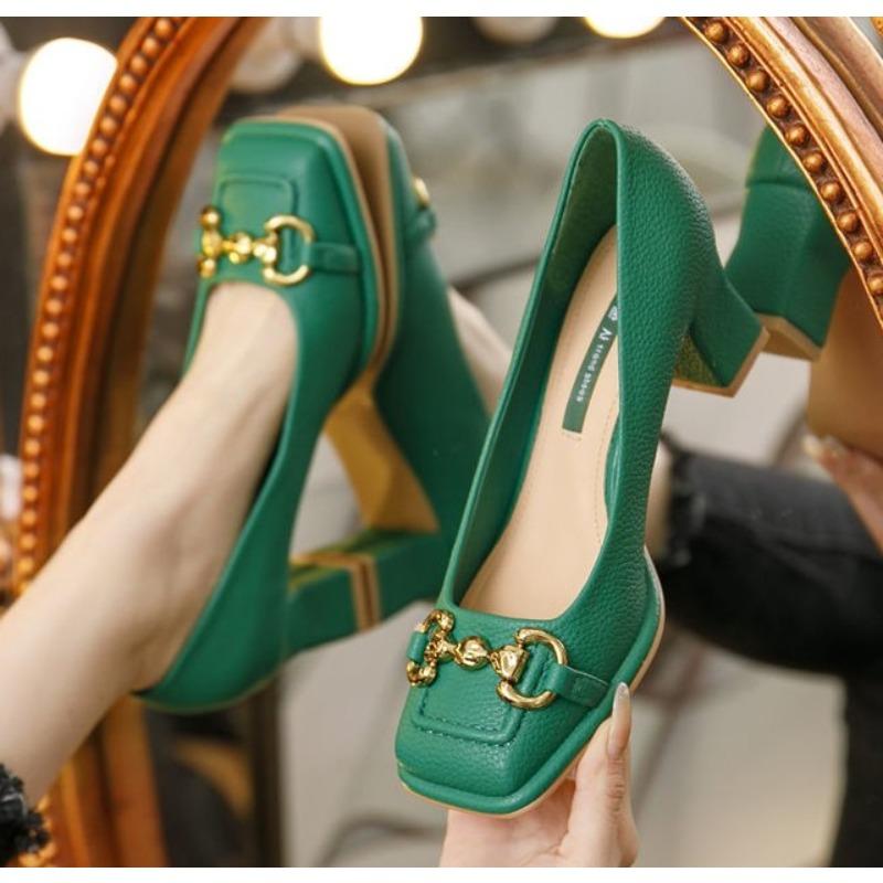 Fashion Women's Mid-heel Pumps 2025 Summer French Style Back Empty Female Thick Heel Square Toe Mary Jane Shoes Black Green Talon Femme