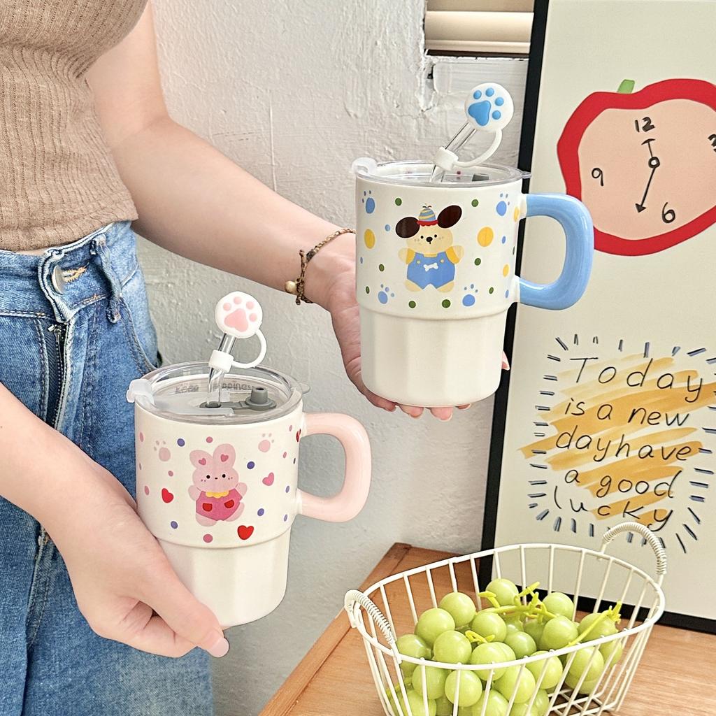 Birthday Gift High Value Ceramic Water Cup with Lid Mug Cartoon Rabbit Couple Sippy Cup Practical Souvenir