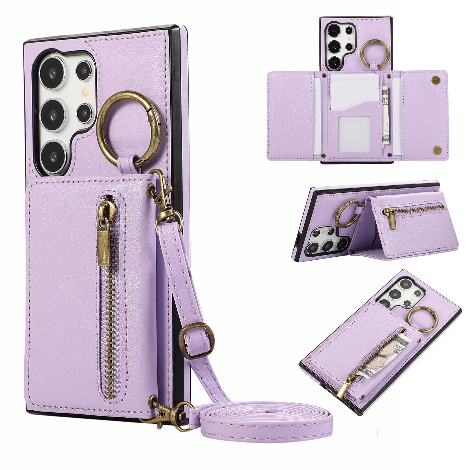 

For Samsung Galaxy S24 Ultra Leather Back Cover Zipper Wallet Kickstand Phone Case with Shoulder Strap Purple