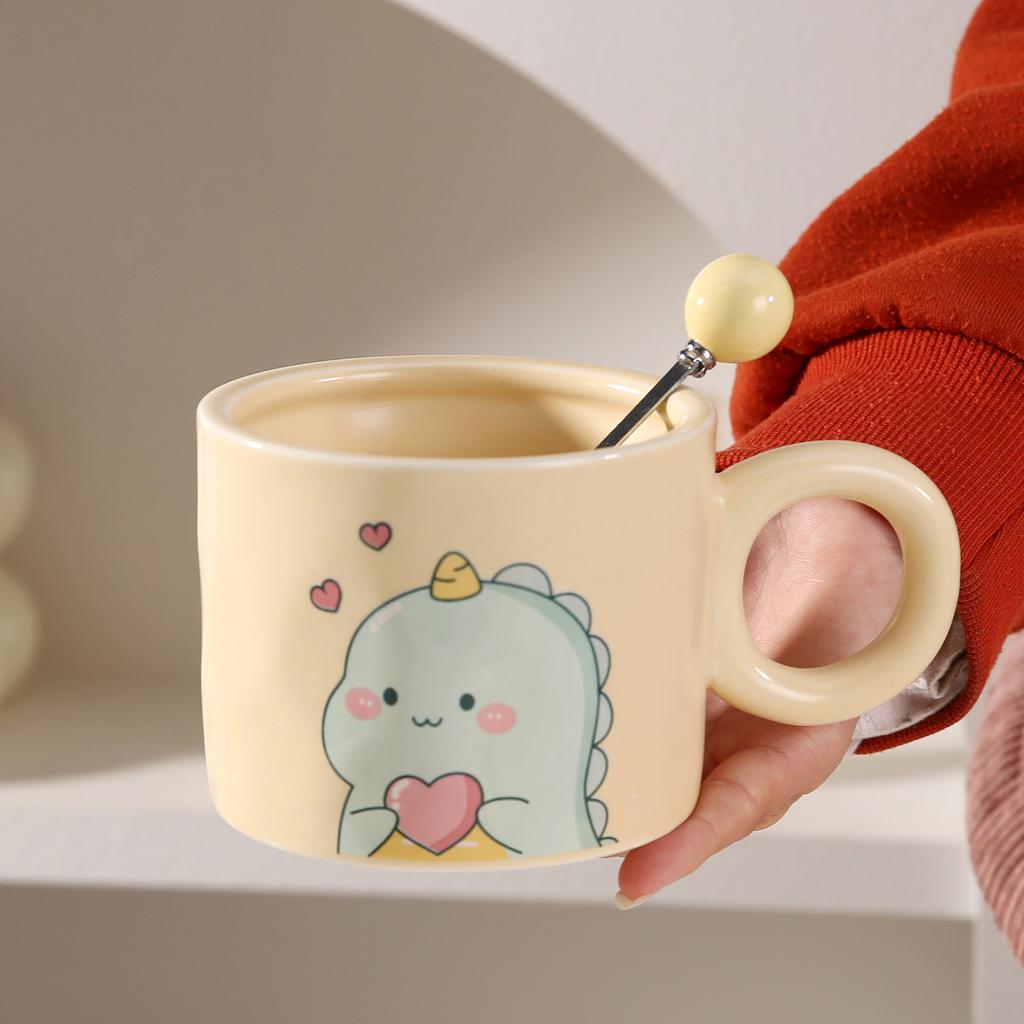 Light Luxury Ins Style Dinosaur Ceramic Cup Cute Mug with Lid Spoon Household High Value Coffee Cup Souvenir