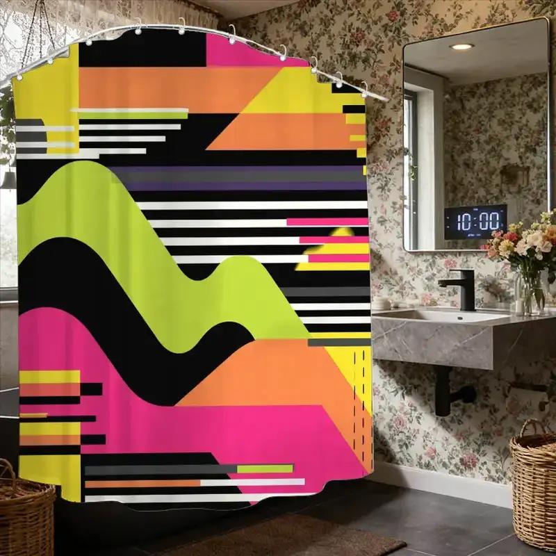 

Memphis Style Shower Curtain – Bold Abstract Geometric Pattern, Neon Yellow & Pink, 12 Hooks, 70.87×70.87 Waterproof Decor W60H190(CM)-1 Pcs