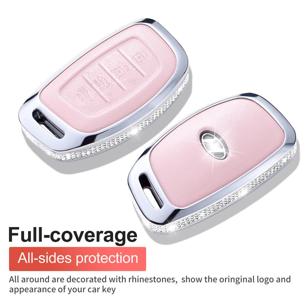 For Hyundai Key Fob Cover with Keychain, Pink Leather Key Case Protection Shell Fit for Hyundai Elantra Ioniq Sonata Tucson Elan