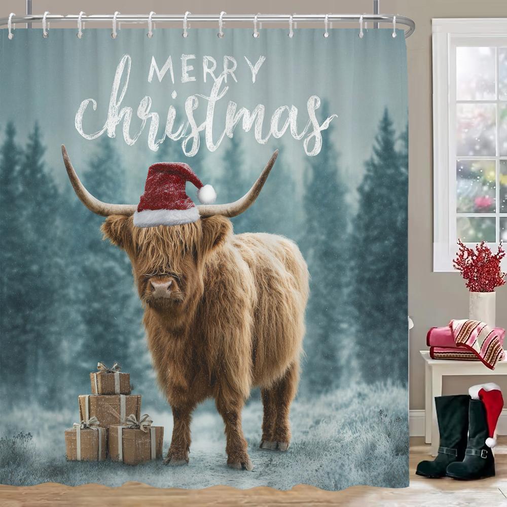 Merry Christmas Shower Curtain With Hooks Christmas Highland Cattle Shower Curtain Home For Decoration Curtain