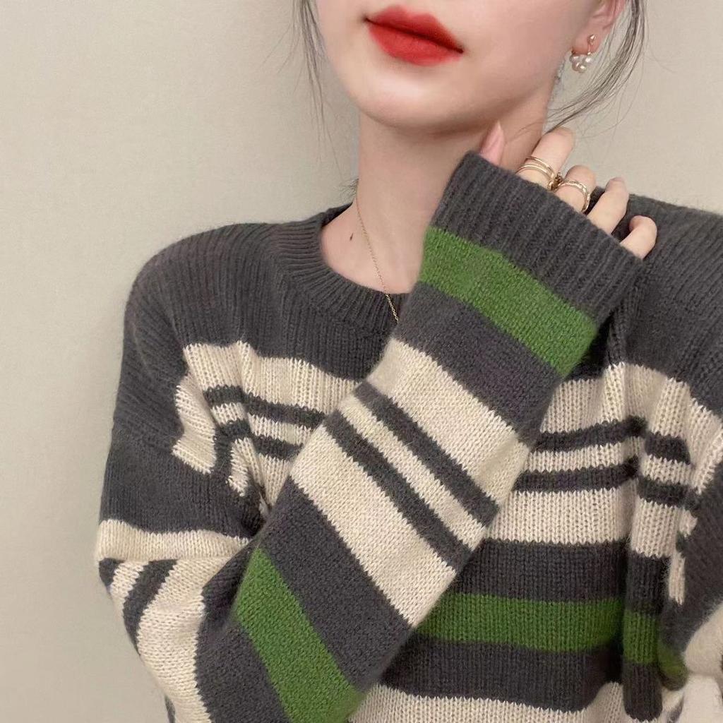 Koreanischer Herbst Neue Pullover Damen O-Ausschnitt Gestreift Kontrastfarbe Mode Lässig Locker Langarm Stricktops