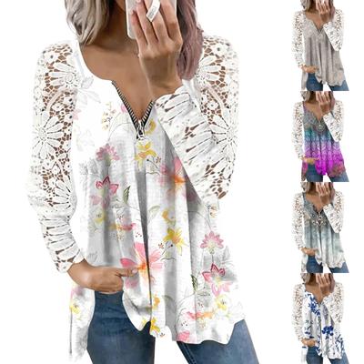T-shirt voor dames, bedrukte top met kanten mouwen en print