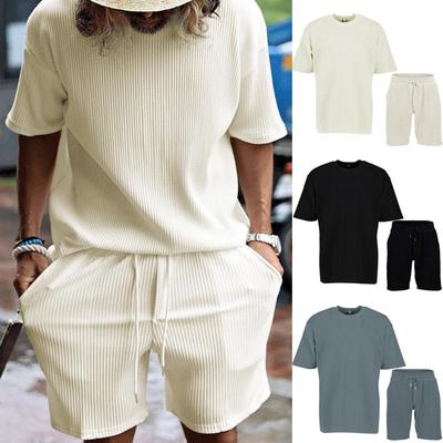 Men's Striped Suit Loose Solid Color Sports  Crew Neck Short-sleeved T-shirt and Shorts Casual Two-piece Set