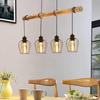 Retro Chandelier - Made of Wood, 4 E27 Sockets, Adjustable Height, Black Metal Base, Ideal for a Dining Table or a Bar Counter