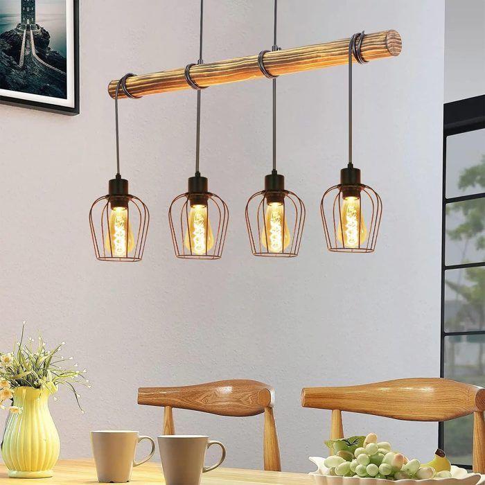 Retro Chandelier - Made of Wood, 4 E27 Sockets, Adjustable Height, Black Metal Base, Ideal for a Dining Table or a Bar Counter