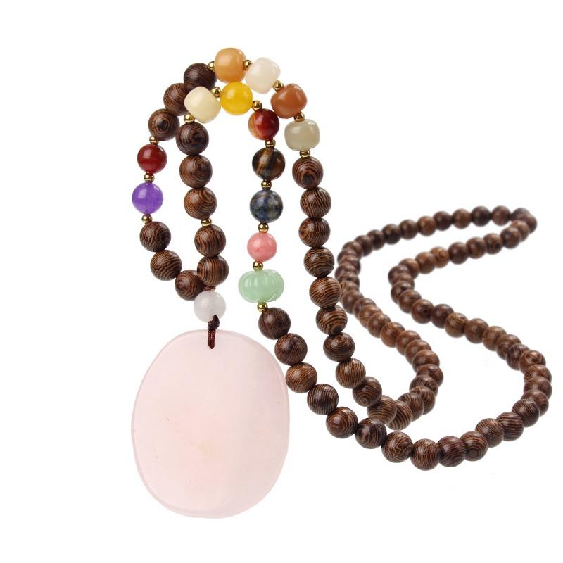 GemChic Women's New Vintage Wooden Beads Pink Natural Stone Pendant Long Necklace Ethnic Fashion Birthday Christmas Jewelry Gift