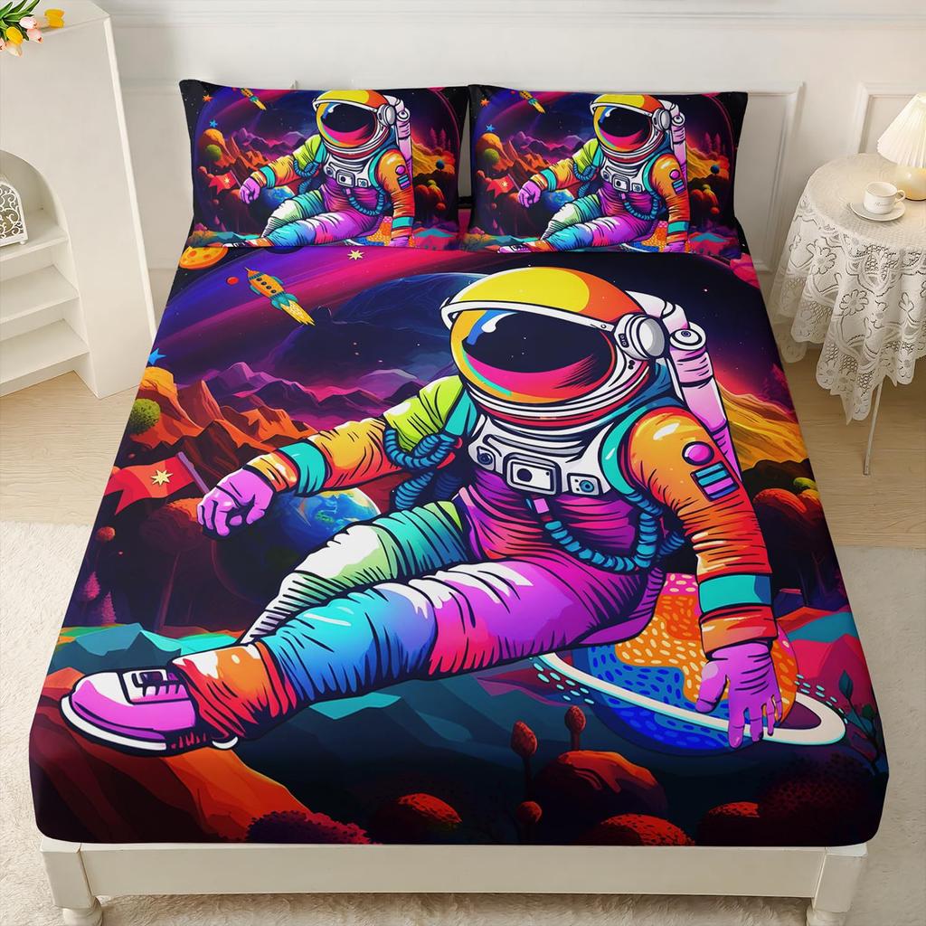 Cat Astronaut Pattern Mattress Three-Piece Digital Printing Mattress Bedding Set Adult Children