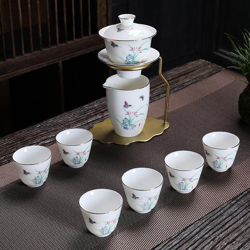 Yangzhi Jade Automatic Tea Set Dehua White Porcelain Gaiwan Kung Fu Tea Cup Home Living Room Lazy Anti-scald Tea Brewer