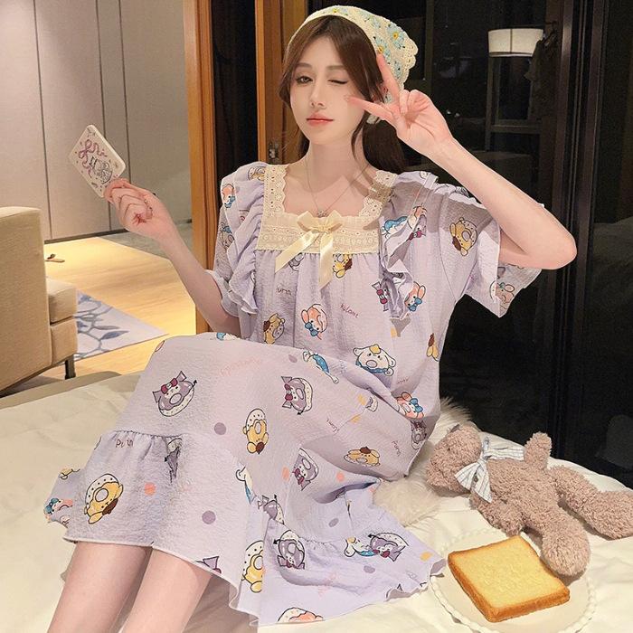 Princess Style Fattened And Enlarged Summer Short-Sleeved Nightgown Wrinkled Cotton Loose Large Size Sweet Cartoon Loungewear Can Be Worn Outside