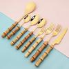 20Pcs Mirror Stainless Steel Cutlery Set Wood Bamboo Root Handle Dinnerware Knife Spoon Cake Fork Tableware Kitchen Silverware