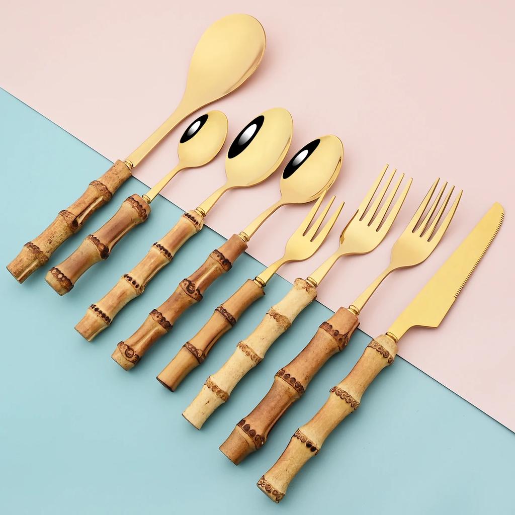 20Pcs Mirror Stainless Steel Cutlery Set Wood Bamboo Root Handle Dinnerware Knife Spoon Cake Fork Tableware Kitchen Silverware