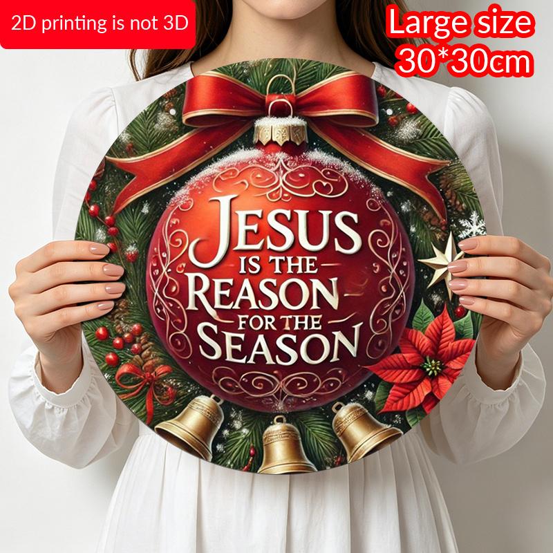 2D Flat, 1pc "Jesus Is the Reason for the Season" Round Aluminum Sign, Holiday Farmhouse Decor, Durable Door and Wall Art, Suitable for Home, Bar