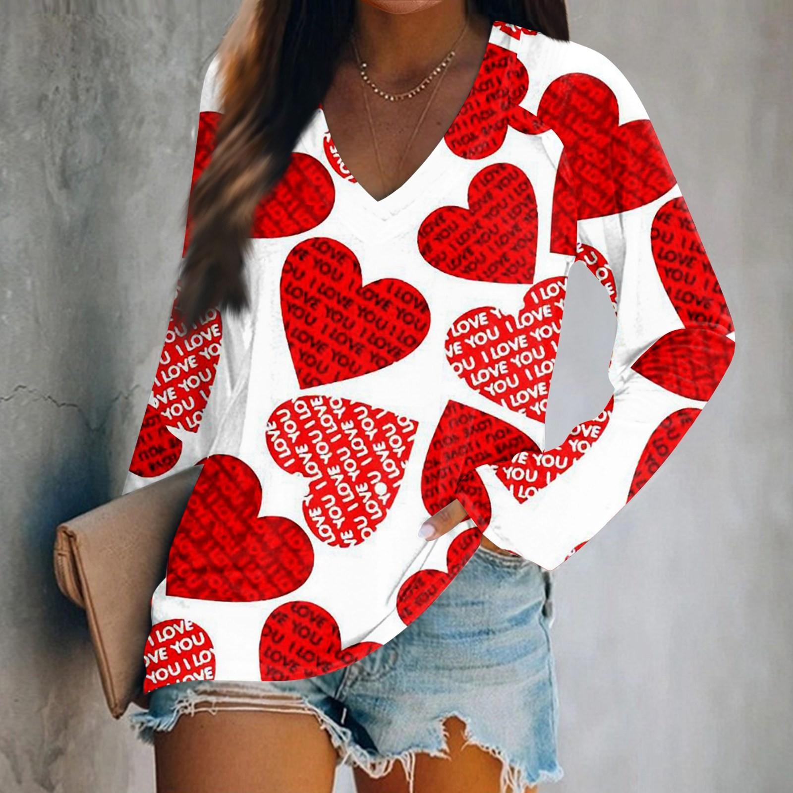 

Женская футболка с длинными рукавами и V-образным вырезом с принтом ко Дню святого Валентина. Повседневный и удобный топ XL красный