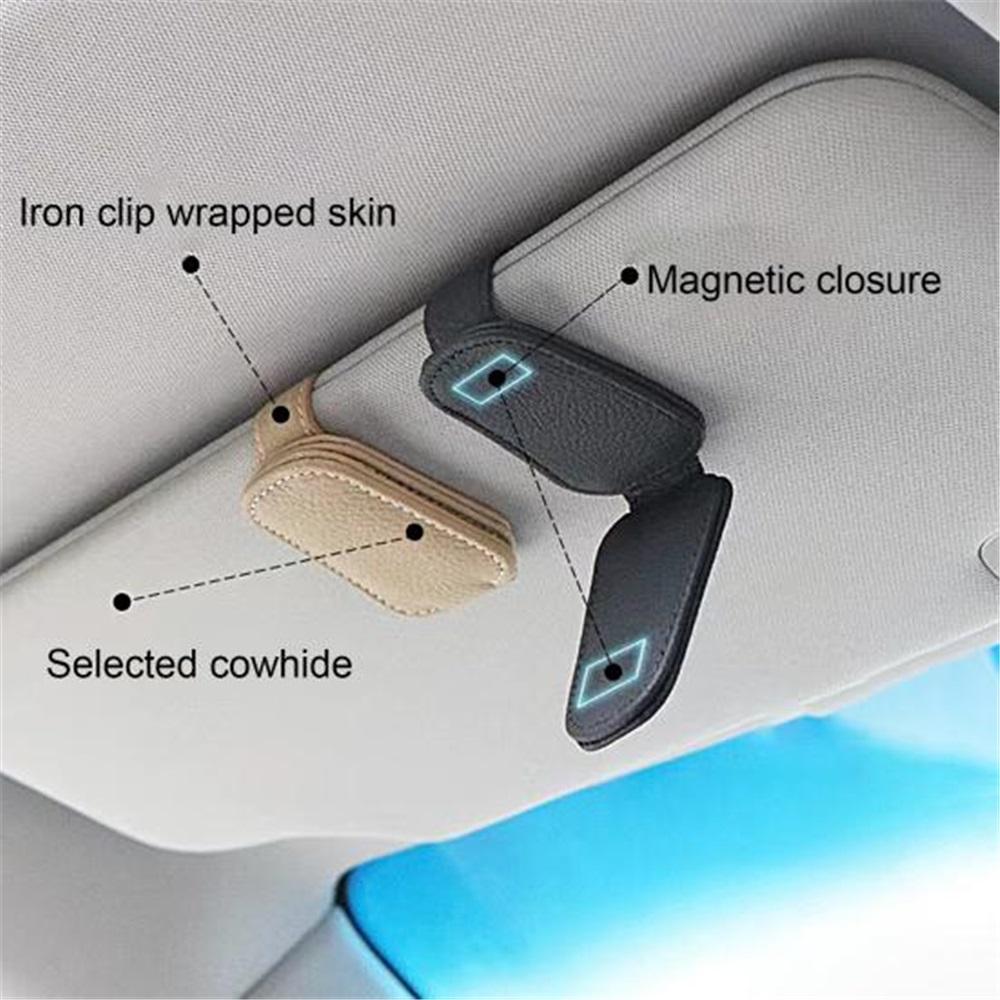 Car Sun Visor Glasses Clip – Leather Eyeglasses Holder With Magnetic Closure – Universal Interior Accessory – 4 Colors (Black/Beige/Red/Gray)