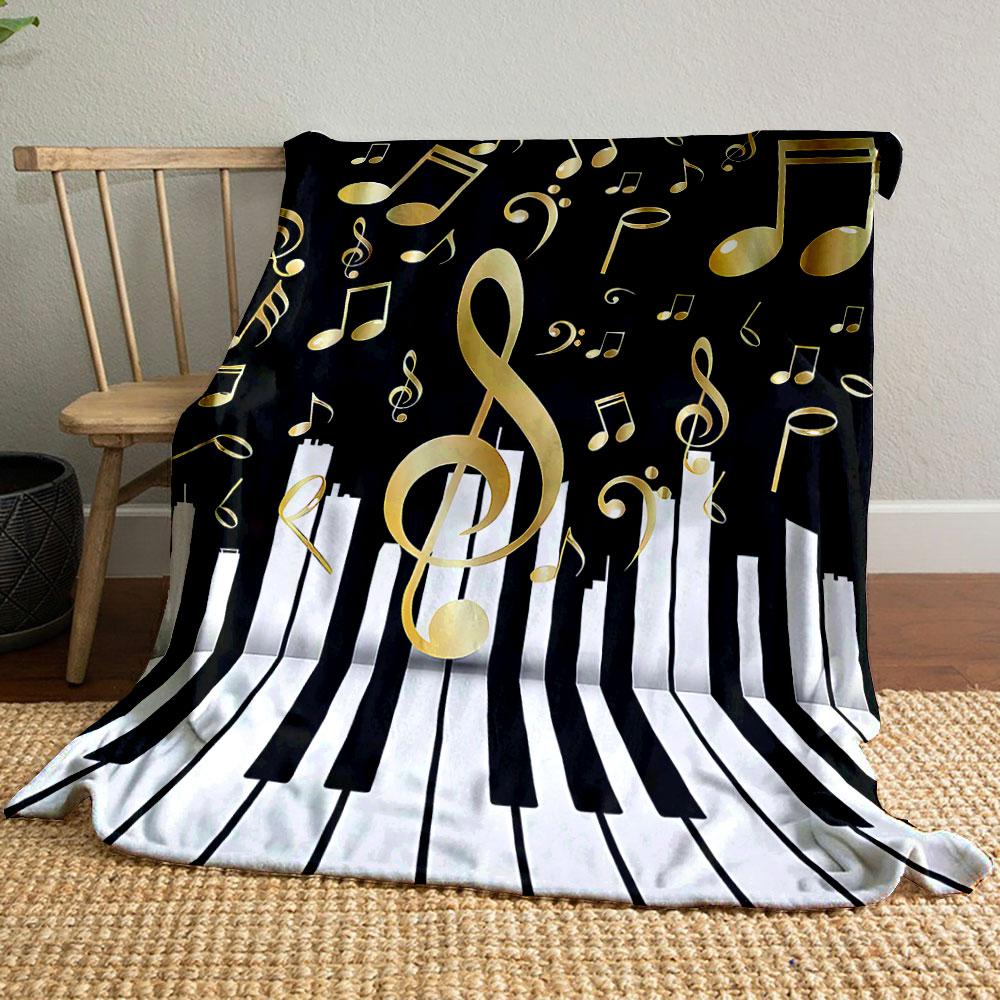Golden Musical Notes on Piano Keys Patterned blanket, flannel, suitable for all seasons, home decor, warm and cozy