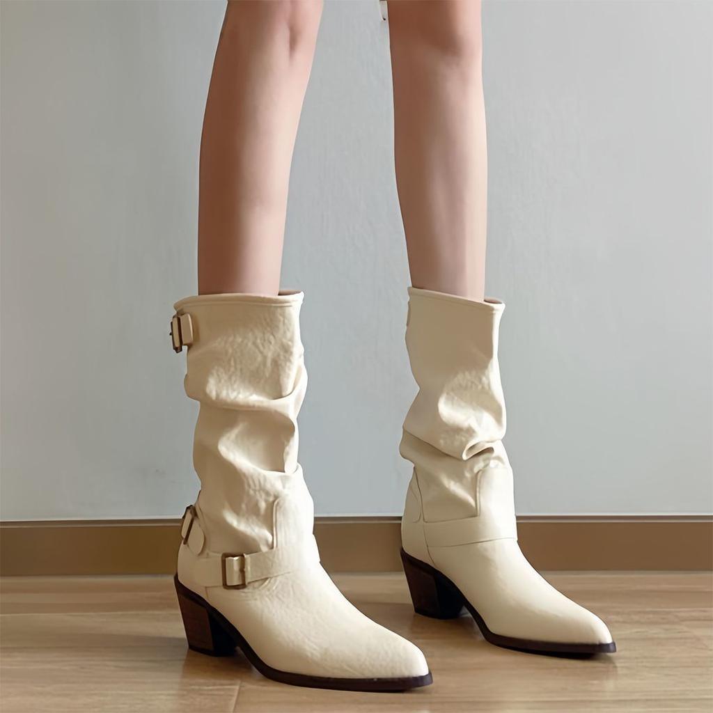 Pointed thick heel Martin boots women's autumn and winter new fashion versatile comfortable casual women's mid tube pile boots
