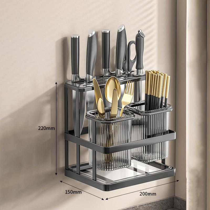 Kitchen Knife Rack Wall Mounted Cutlery Organizer Stainless Steel Pot Cover Knife Holder Chopping Board Drain Organizer Shelf
