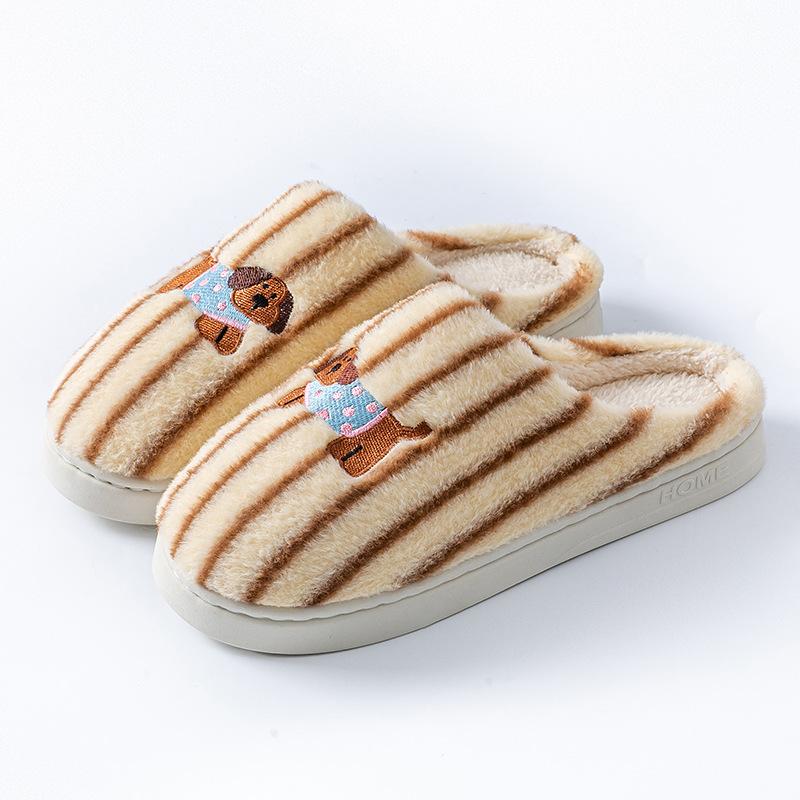 Autumn and winter plush slippers indoor home soft bottom non-slip plush warm couple striped puppy cotton slippers