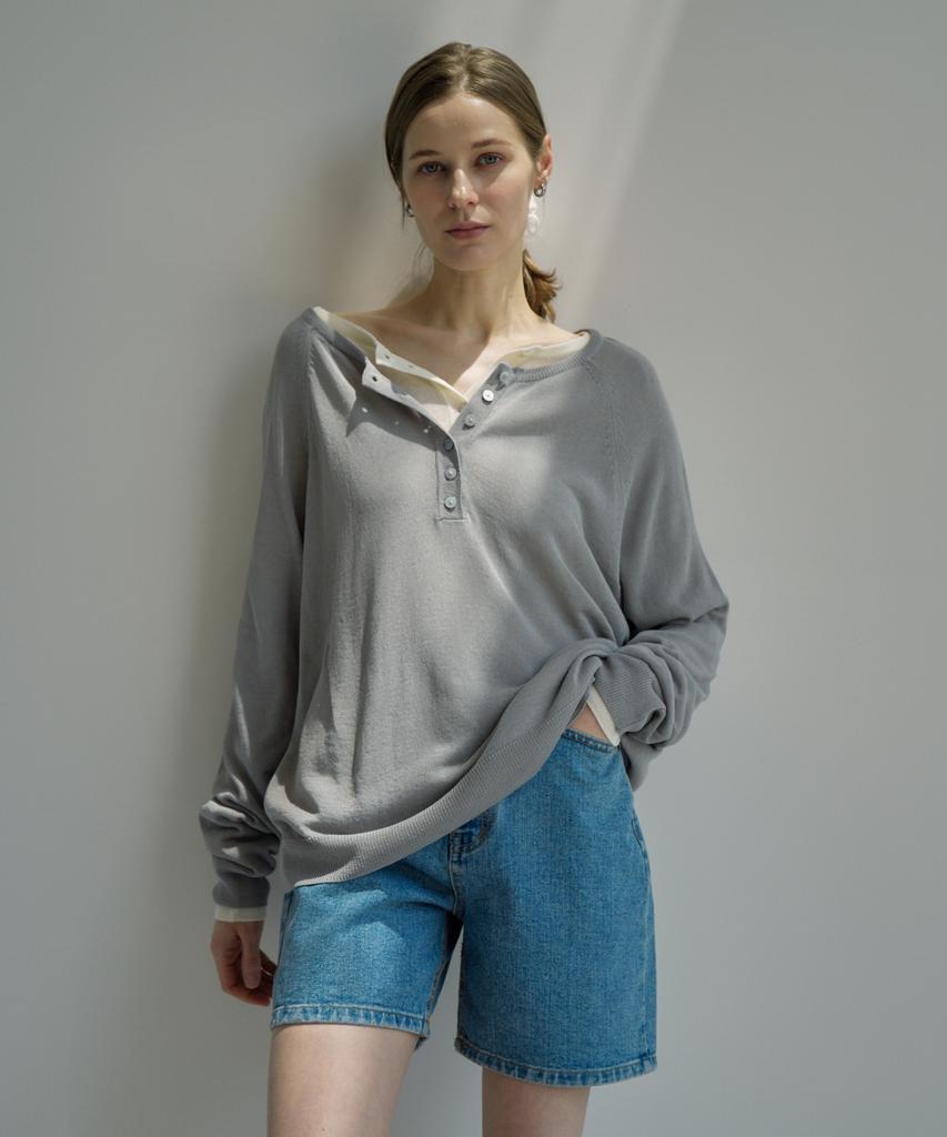VLETI Linen Blend Raglan Half Button Knit (Gray)