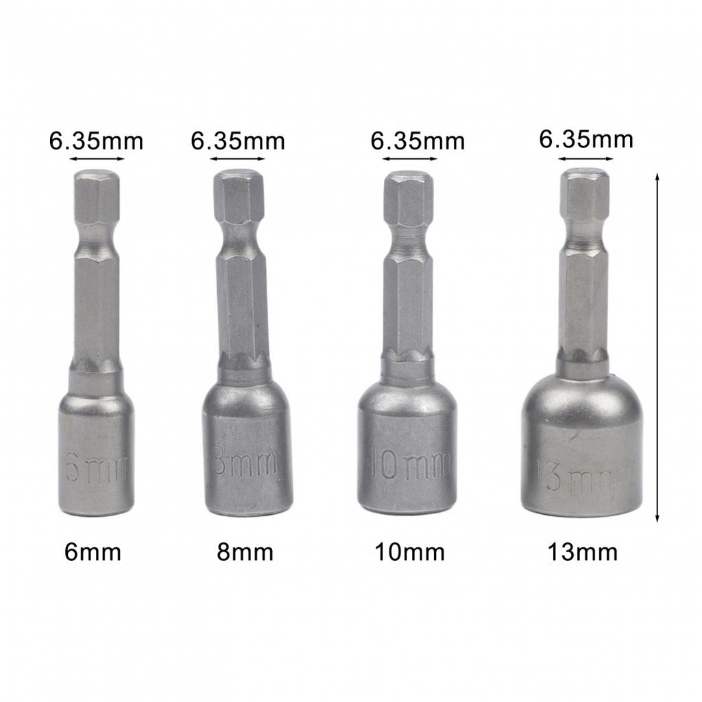 Magnetic Nut Driver Socket Set 4pcs 6 8 10 13mm Hex Shank 14 Inch Drill