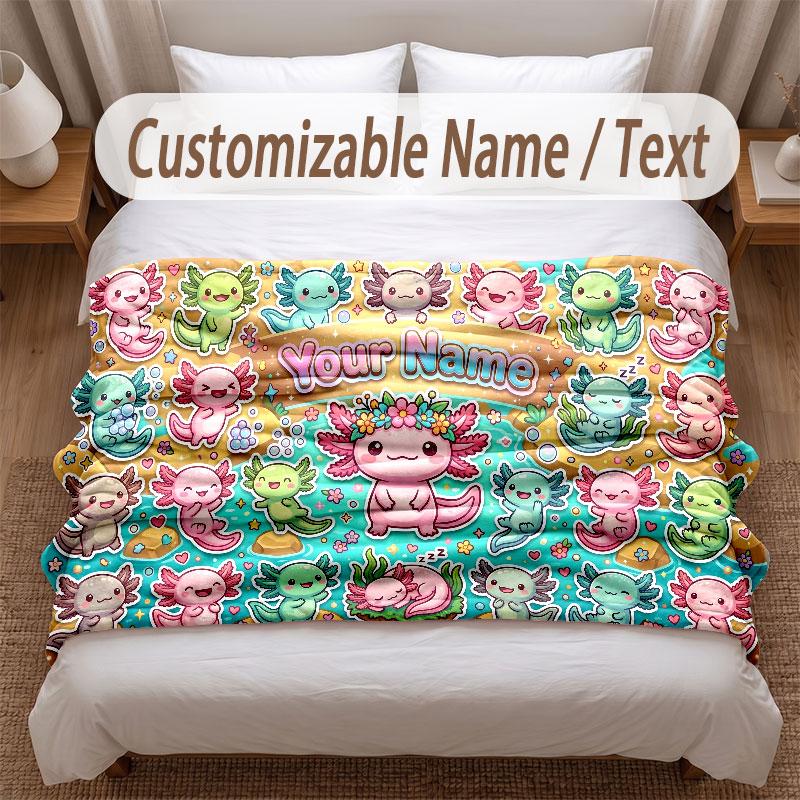 Axolotl Theme Soft Blanket Personalized Custom Name Text Print Warm Blanket Home Sofa Bedroom Decor
