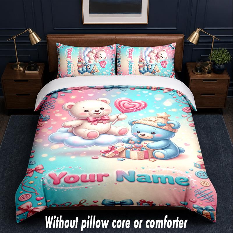 Teddy Bear Theme Custom Text Or Name 3Pcs Bedding Set,1 Flat Sheet & 2 Pillowcases Personalized Home Bedding