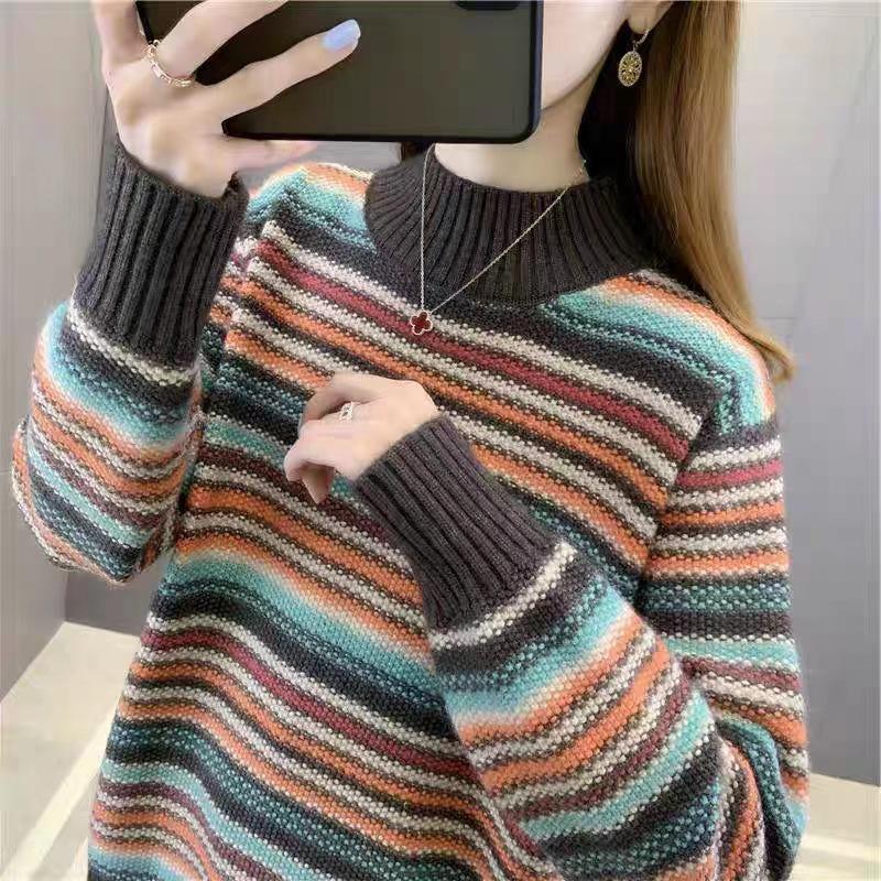 Women's 2023 Striped Wool Knit Sweater - Half-High Neck, Long Sleeve, Slim Fit, Thick for Autumn/Winter
