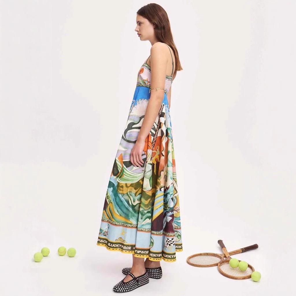 2025 Sommer Damen Ärmelloses Spaghettiträgerkleid - Graffiti Leinen mit großem Saum
