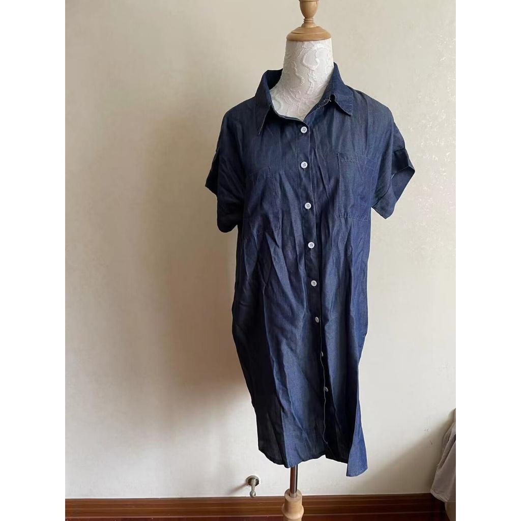 Women's Slim Fit Denim Shirt Dress - Short Sleeve Button-Down Midi Dress with Pockets, Casual Stretchy Jean Dress for Summer, Spring