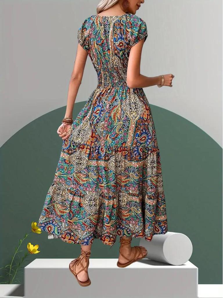 French Bohemian Holiday Print Midi Dress