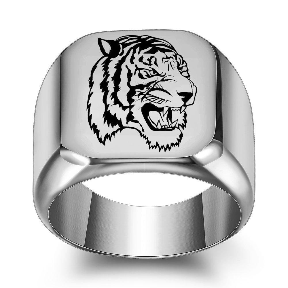 Twelve Zodiac Stainless Steel Ring: Laser-Engraved Year of the Tiger, 18MM Square Design Size 13