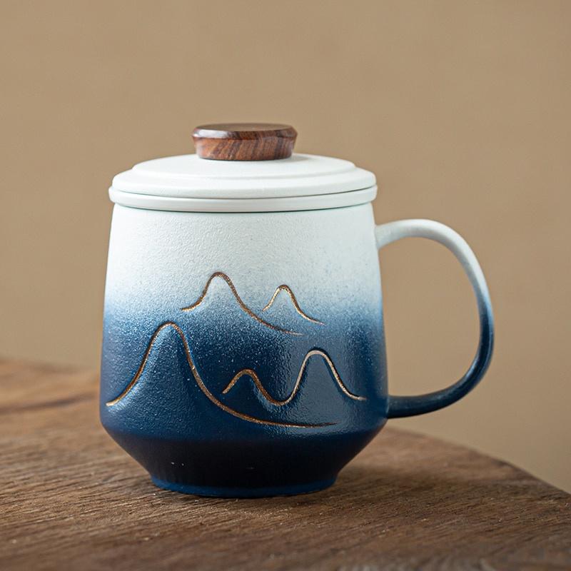 

410 мл Японская керамическая кружка с крышкой и фильтром, чашка для чая Blue and White