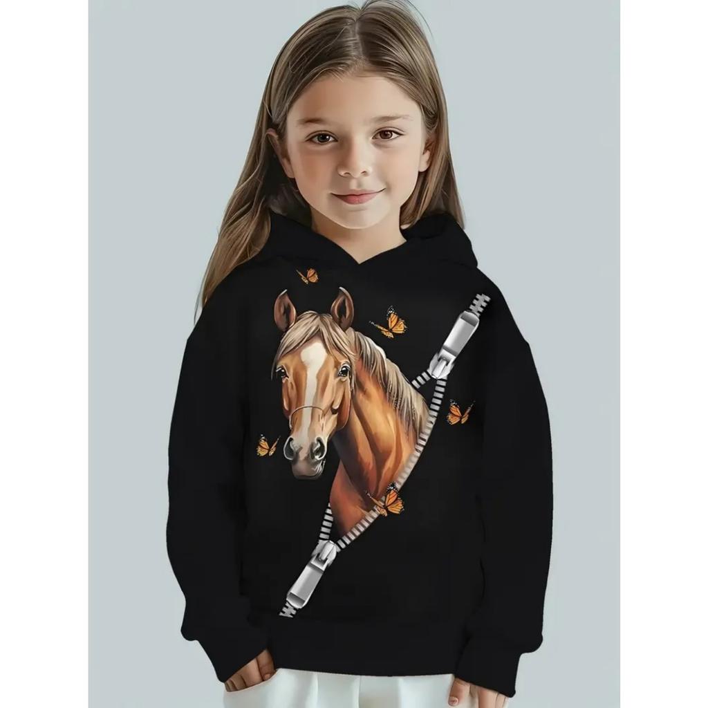 Cool Horse Girl Clothes Animals 3D Print Autumn Long Sleeve Hoodies Loose Lightweight Sweatshirt Comfortable Children's Clothing