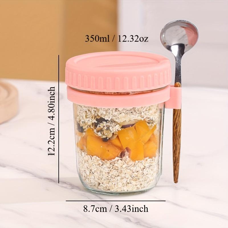 4pcs 11.83oz Glass Oatmeal Cup with Spoon, Breakfast Cup with Scale, Portable Breakfast Salad Jar, Yogurt Container, Storage Tank for Family Dining