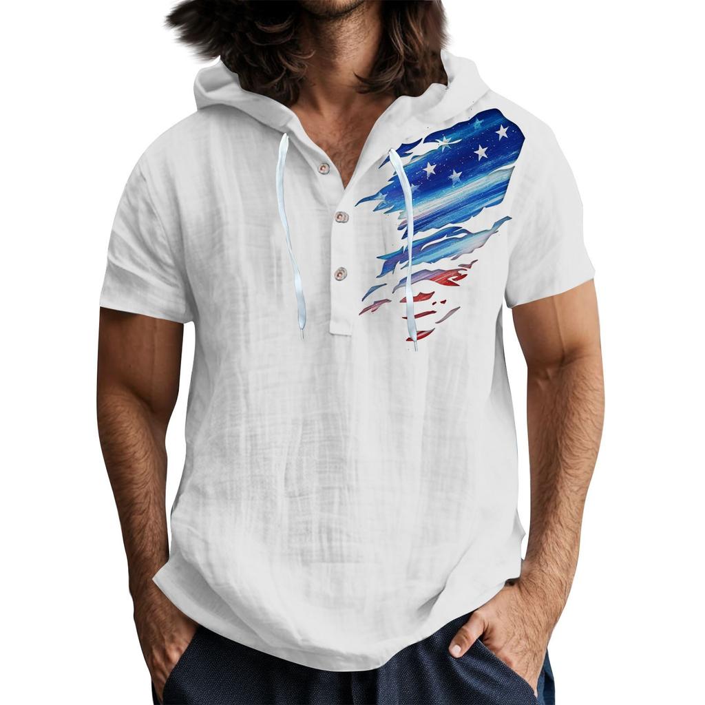Men'S Casual Short Sleeved Hooded Top Buttoned Open Neck T-Shirt