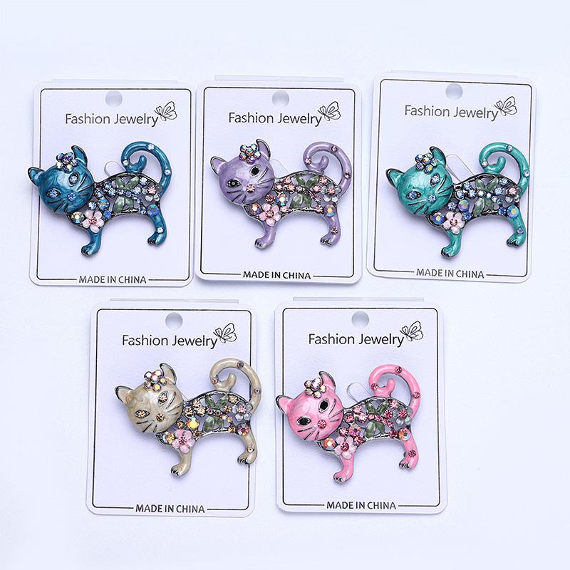 1pc Metal Women Enamel Casual Flower Animal Gifts Rhinestone Brooch Pins Cat Brooches