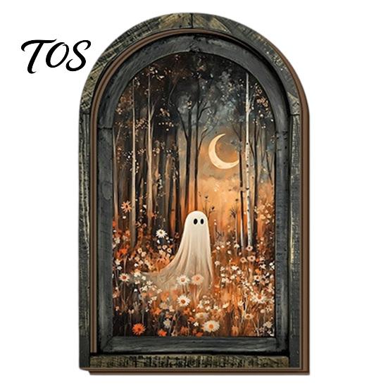 Solid Wood Picture Frame Halloween Vintage Arch Wooden Sign, Gothic Spooky Ghost Wall Hanging Decor Dark Academia with Bracket, Rustic Aesthetic Home