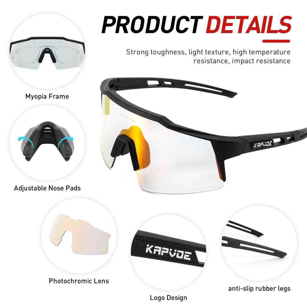 Lunettes de soleil Kapvoe Gold Photochromiques pour Cyclisme Homme Lunettes Mode Vélo de Montagne Vitesse Lunettes Cool Lunettes de Vue Sport VTT Vélo
