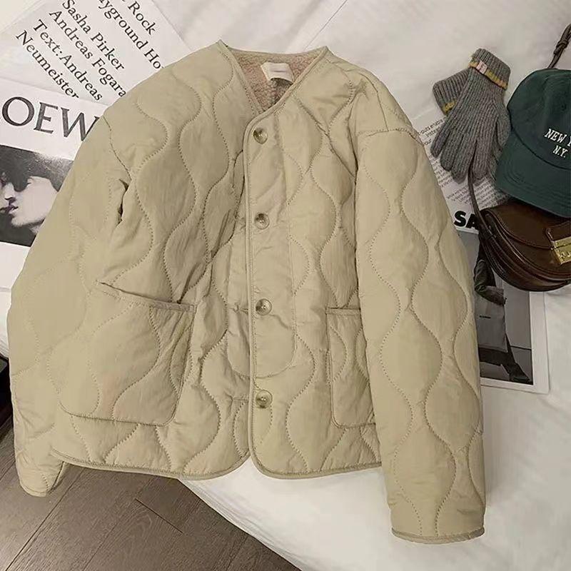 Rosa Damenjacke im koreanischen Stil aus Lammwolle - Baumwollgefüttert, dicker Wintermantel mit Rundhalsausschnitt für 2025