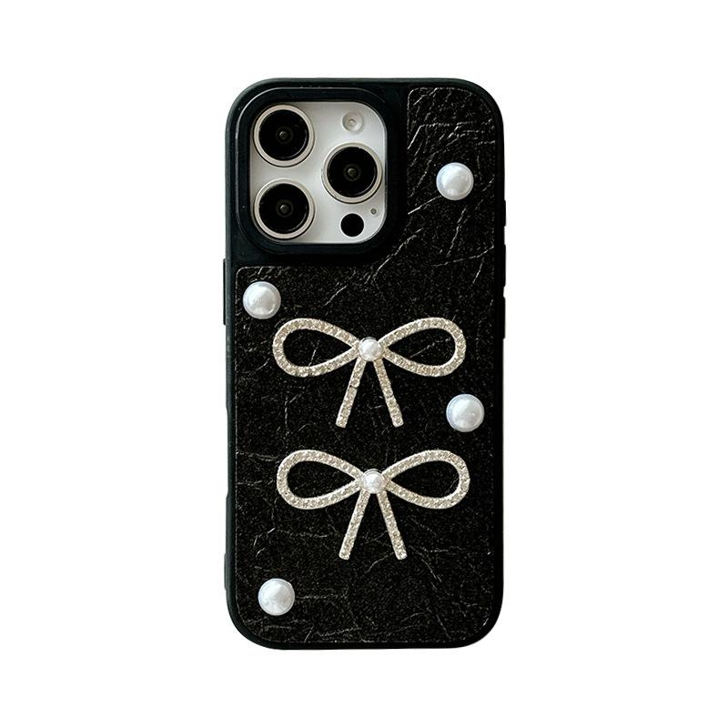Pearl Bow Phone Case for Apple 17promax Leather Texture High Quality for IPhone16pro Protective Case