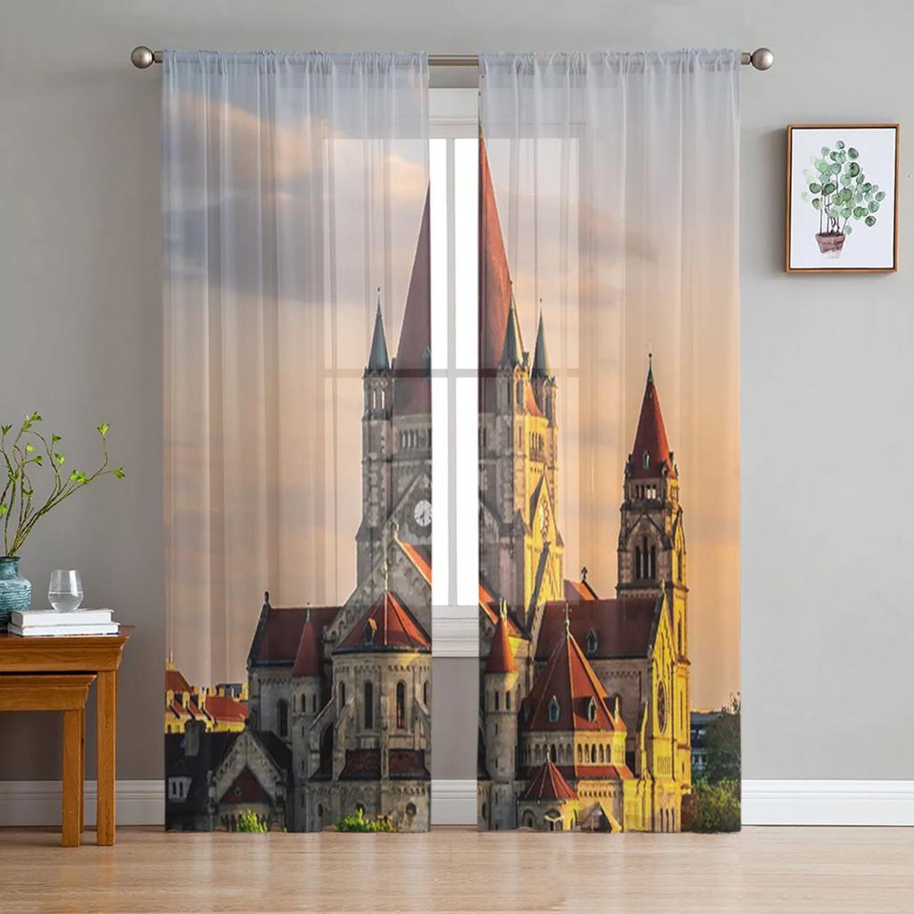 Luxury Fairy Tale Princess Pink Castle Radial Tulle Curtain Bedroom Window Cafe Hotel Decor Living Room Drape Curtains Light Filtering Polyester Area